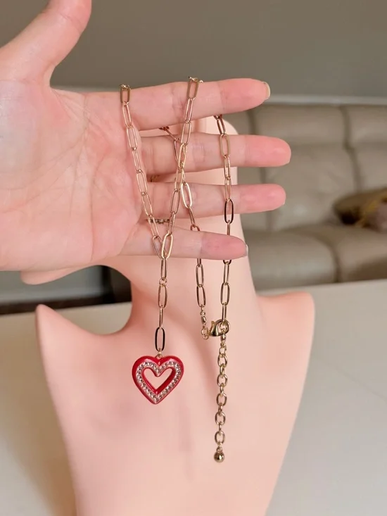 Gold Chain Necklace with Red Heart Pendant - Picture 7 of 7